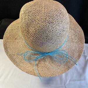 Vintage 90s Women's Straw Sun Hat Woven Beach Garden ~ Tan w/Blue Bow